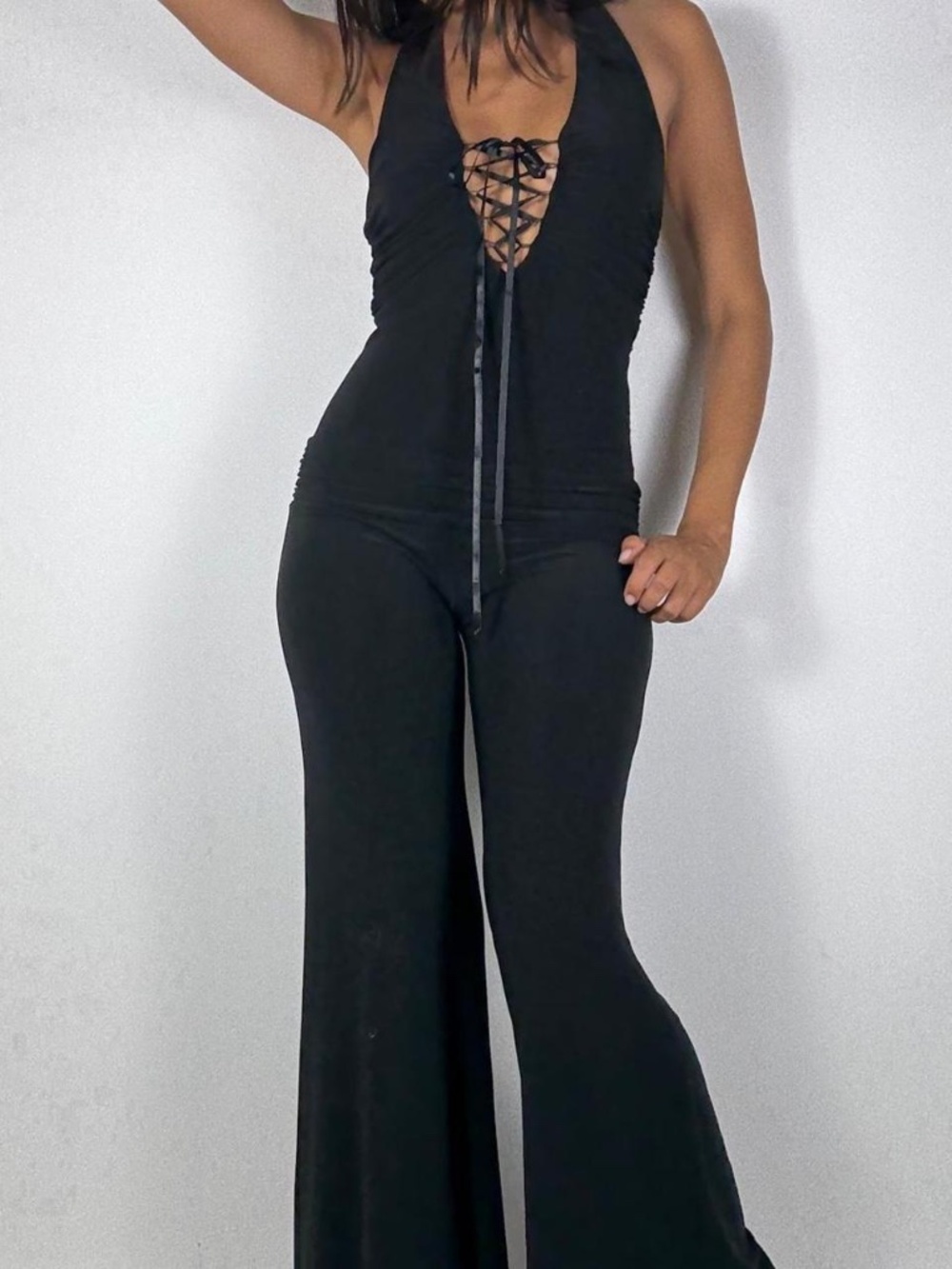 Y2k BLACK SLINKY HALTER PLAYSUIT